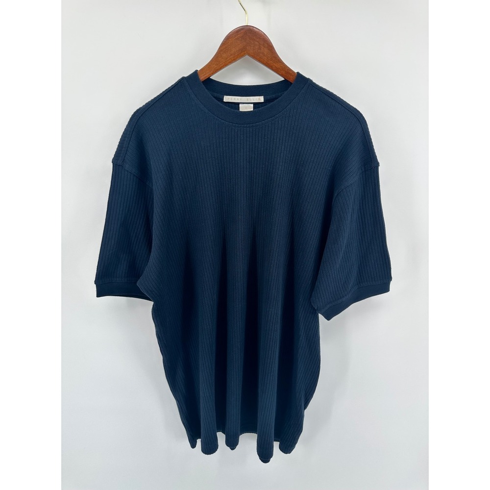 Perry Ellis Ribbed Knit Shirt Navy Blue 100% Cotton Large MG3311P